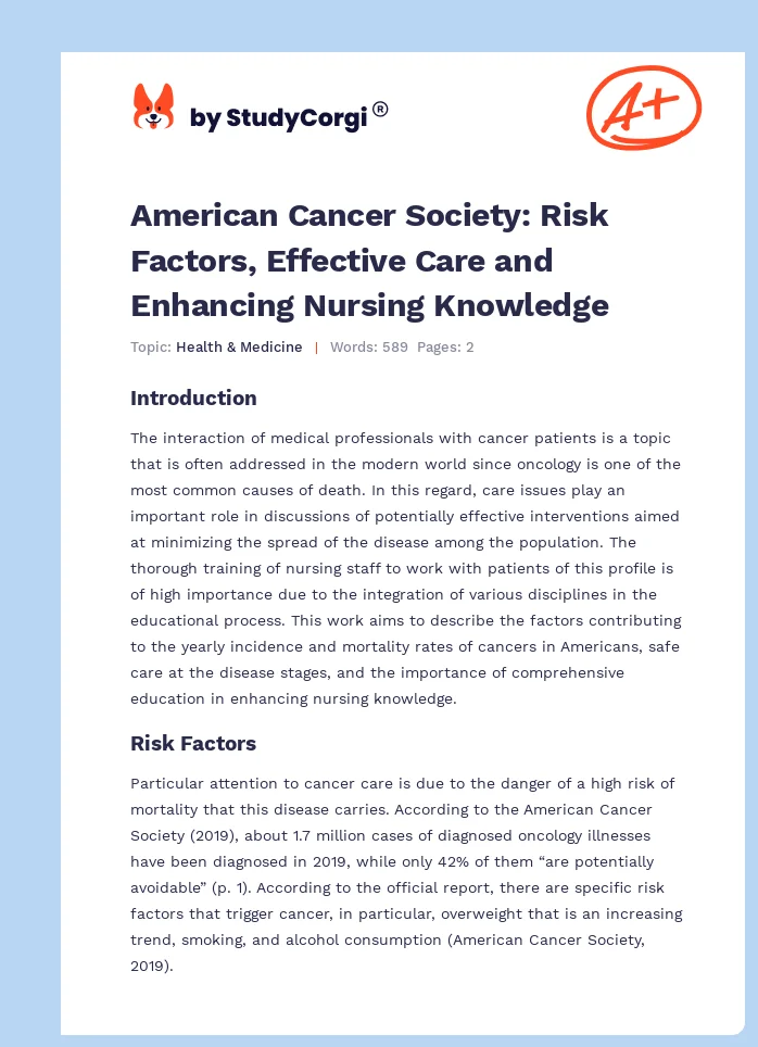 American Cancer Society: Risk Factors, Effective Care and Enhancing Nursing Knowledge. Page 1