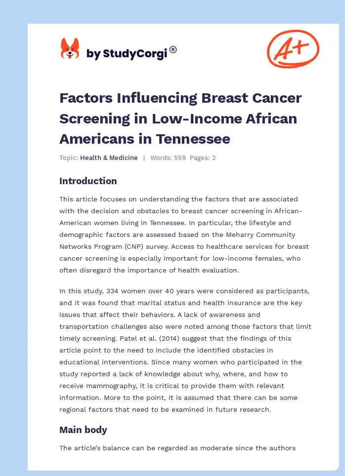 Factors Influencing Breast Cancer Screening in Low-Income African Americans in Tennessee. Page 1