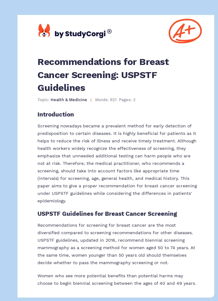 Recommendations for Breast Cancer Screening: USPSTF Guidelines. Page 1