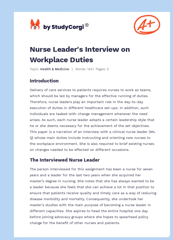Nurse Leader's Interview on Workplace Duties. Page 1