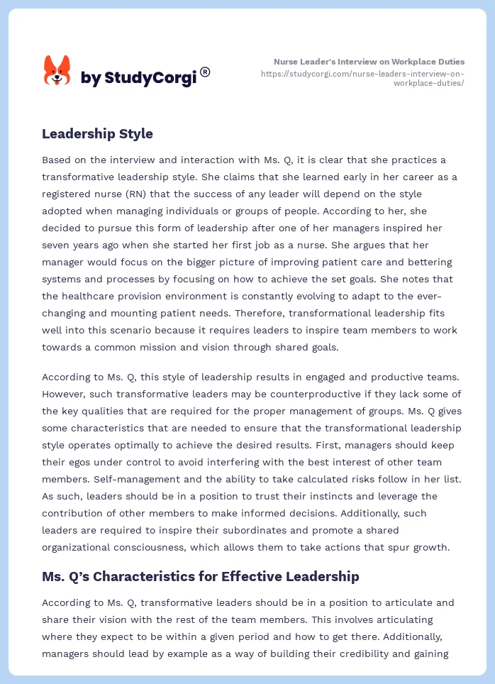 Nurse Leader's Interview on Workplace Duties. Page 2