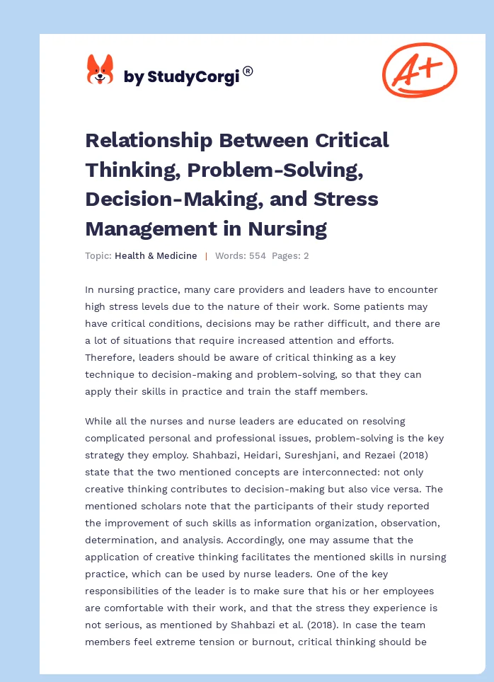 Relationship Between Critical Thinking, Problem-Solving, Decision-Making, and Stress Management in Nursing. Page 1