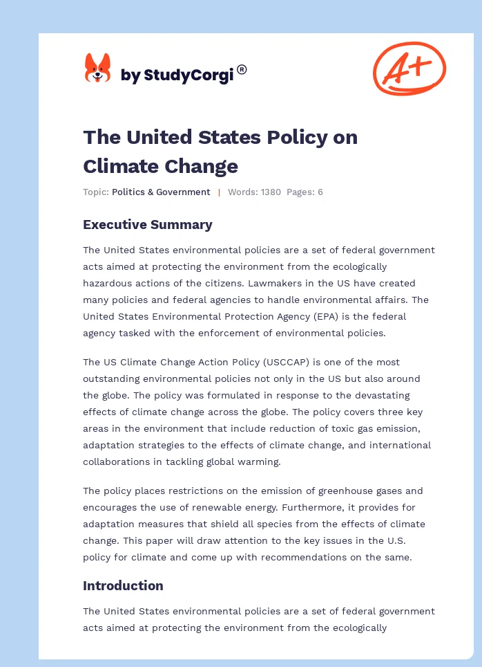 The United States Policy on Climate Change. Page 1