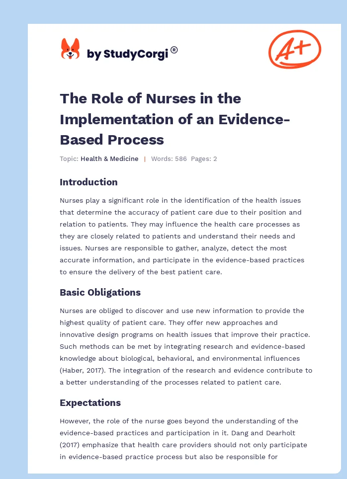 The Role of Nurses in the Implementation of an Evidence-Based Process. Page 1