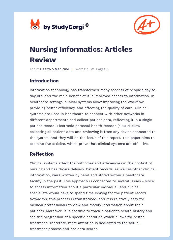 Nursing Informatics: Articles Review. Page 1