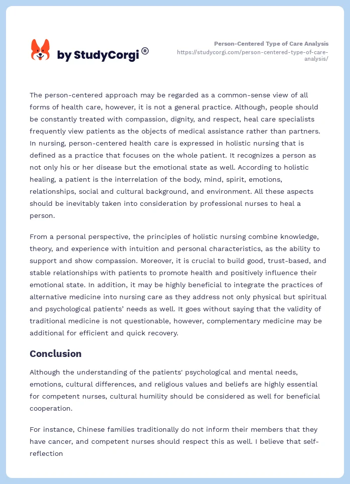 Person-Centered Type of Care Analysis. Page 2