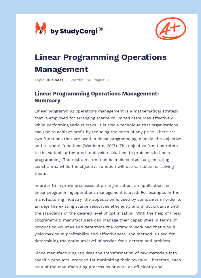 Linear Programming Operations Management. Page 1
