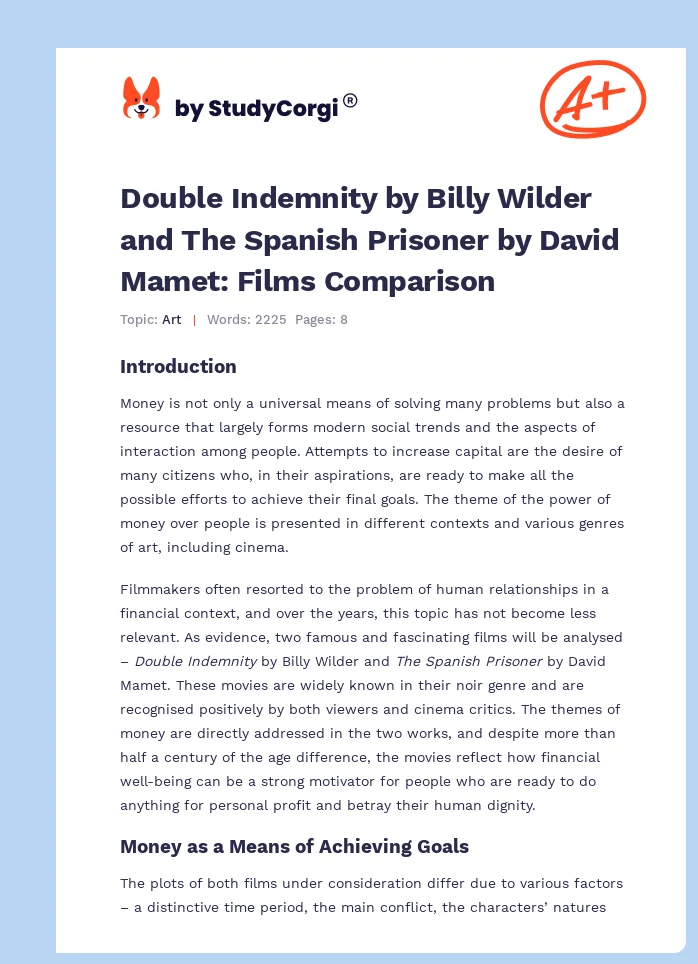 Double Indemnity by Billy Wilder and The Spanish Prisoner by David Mamet: Films Comparison. Page 1