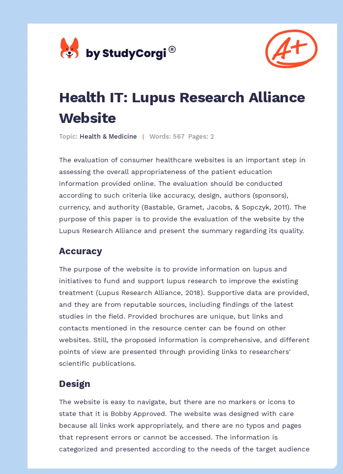 Health IT: Lupus Research Alliance Website. Page 1