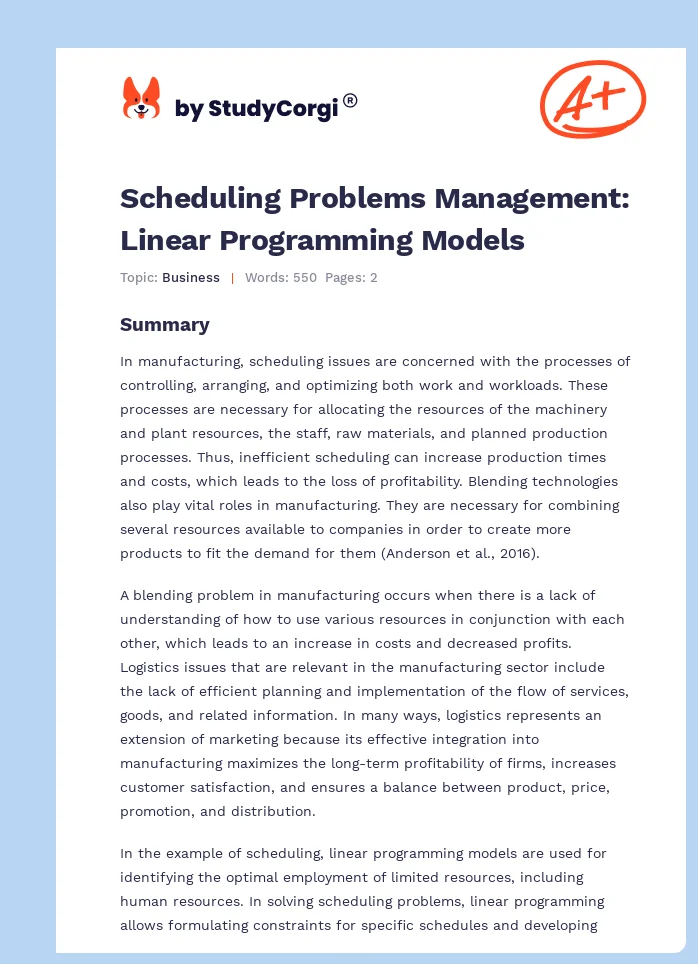 Scheduling Problems Management: Linear Programming Models. Page 1