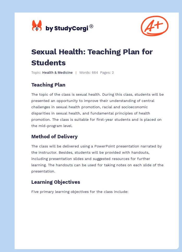 Sexual Health: Teaching Plan for Students. Page 1