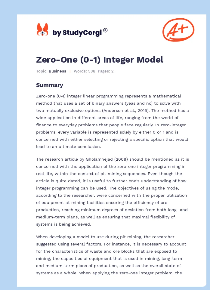 Zero-One (0-1) Integer Model. Page 1