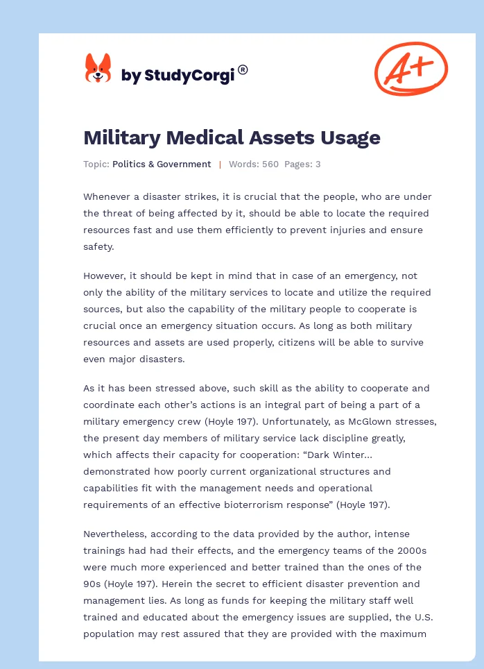 Military Medical Assets Usage. Page 1