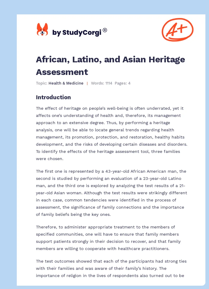 African, Latino, and Asian Heritage Assessment. Page 1