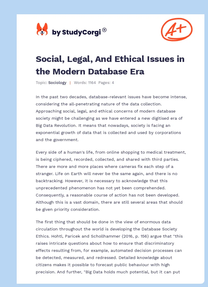 Social, Legal, And Ethical Issues in the Modern Database Era. Page 1