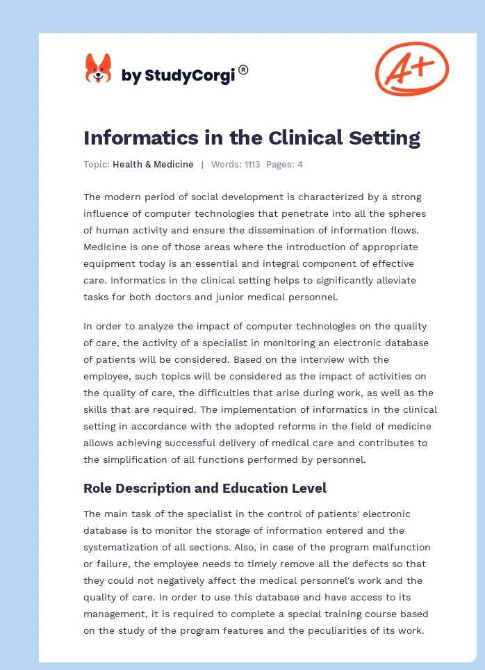 Informatics in the Clinical Setting. Page 1