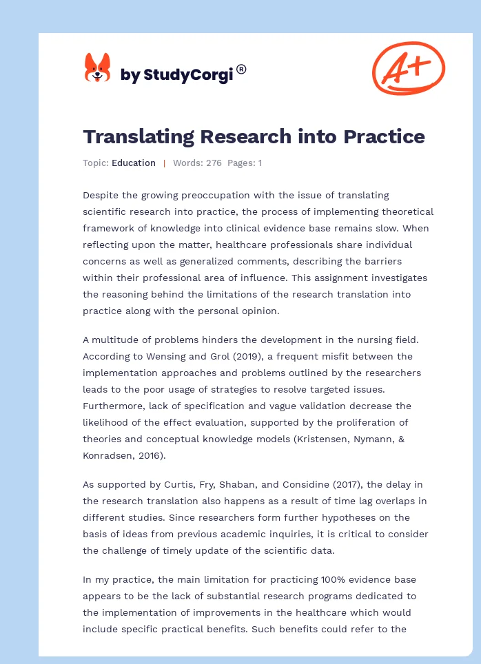 Translating Research into Practice. Page 1