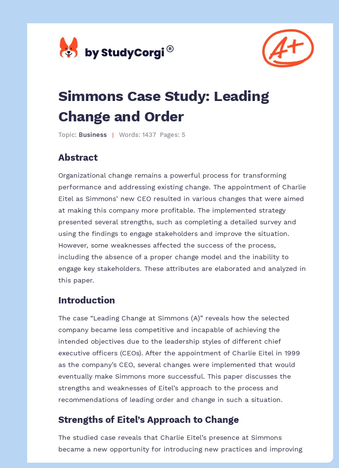 Simmons Case Study: Leading Change and Order. Page 1
