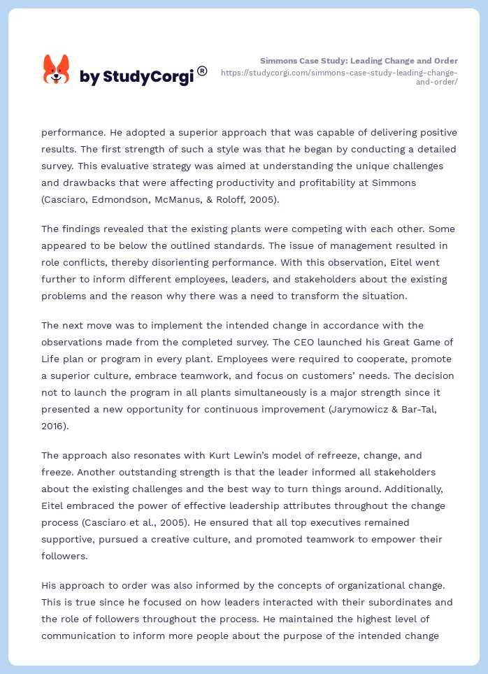 Simmons Case Study: Leading Change and Order. Page 2