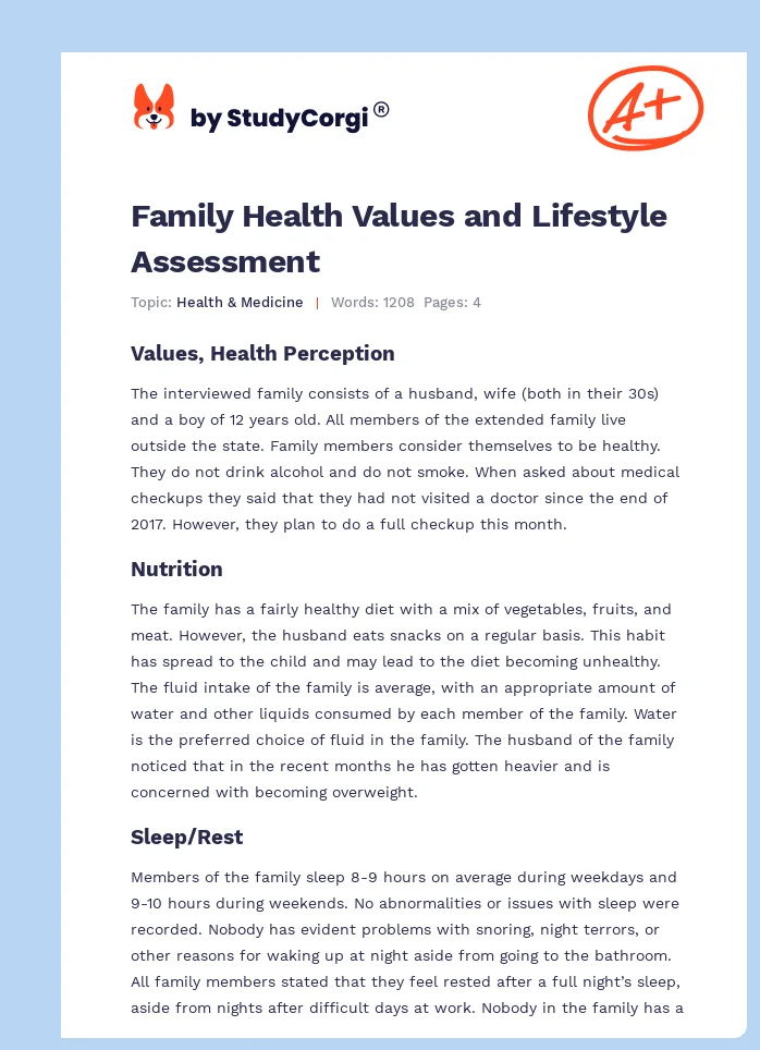 Family Health Values and Lifestyle Assessment. Page 1