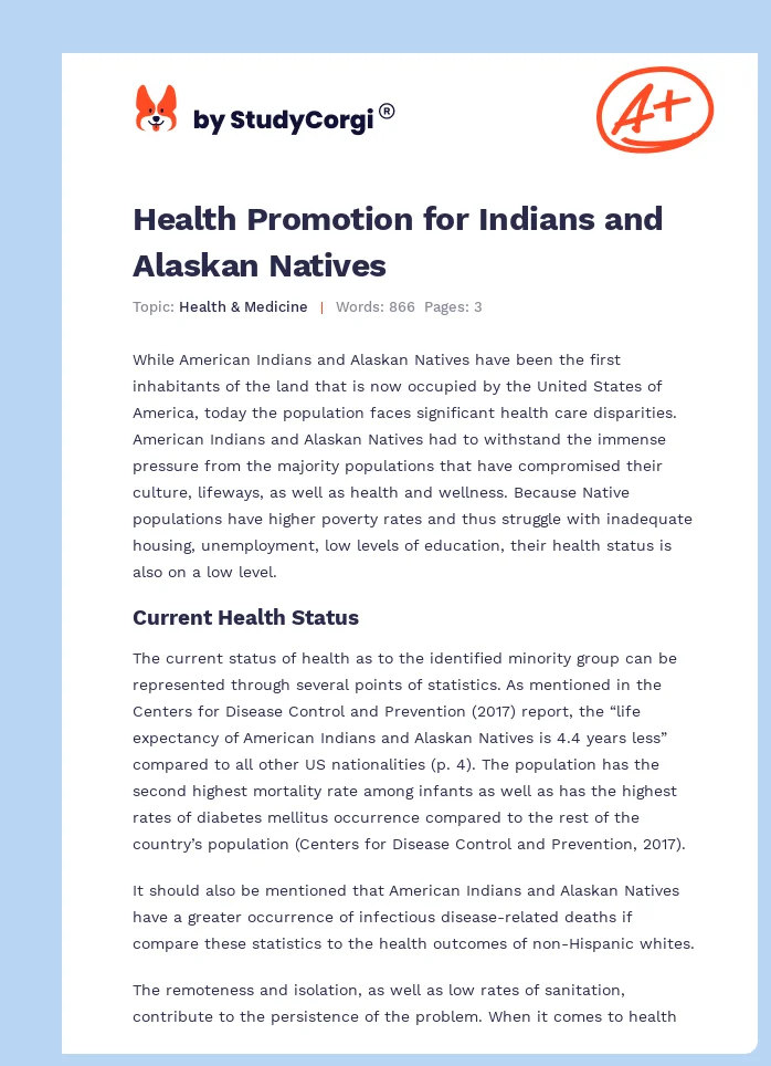 Health Promotion for Indians and Alaskan Natives. Page 1