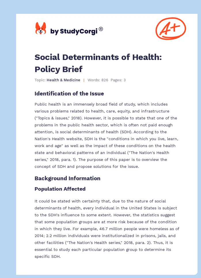 Social Determinants of Health: Policy Brief. Page 1