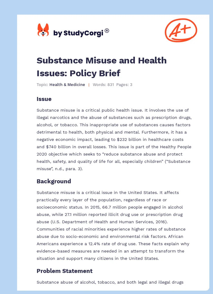 Substance Misuse and Health Issues: Policy Brief. Page 1