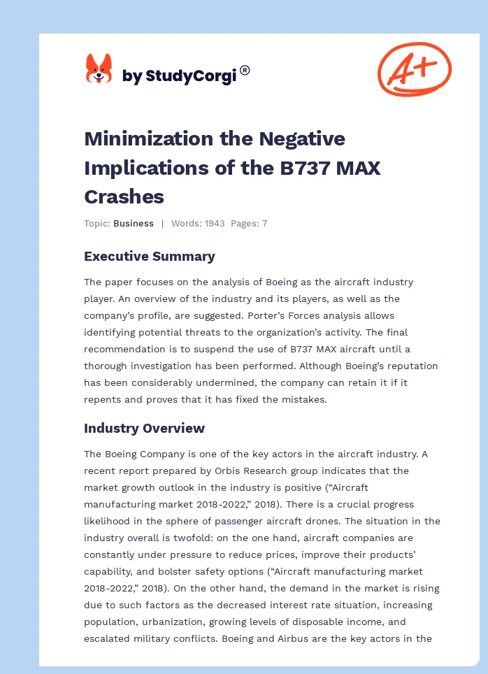 Minimization the Negative Implications of the B737 MAX Crashes. Page 1