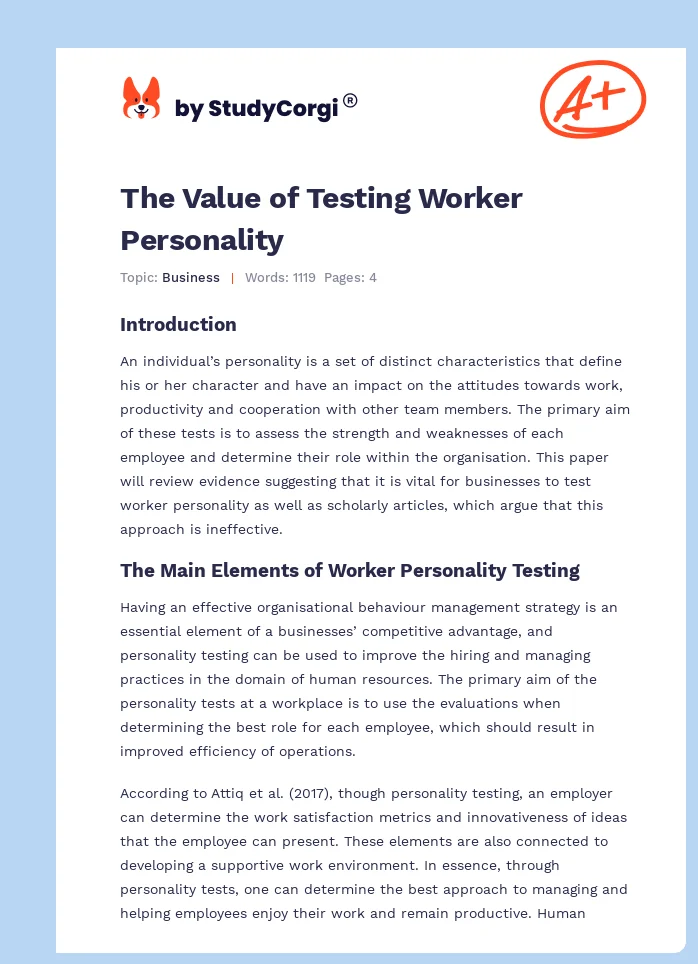 The Value of Testing Worker Personality. Page 1