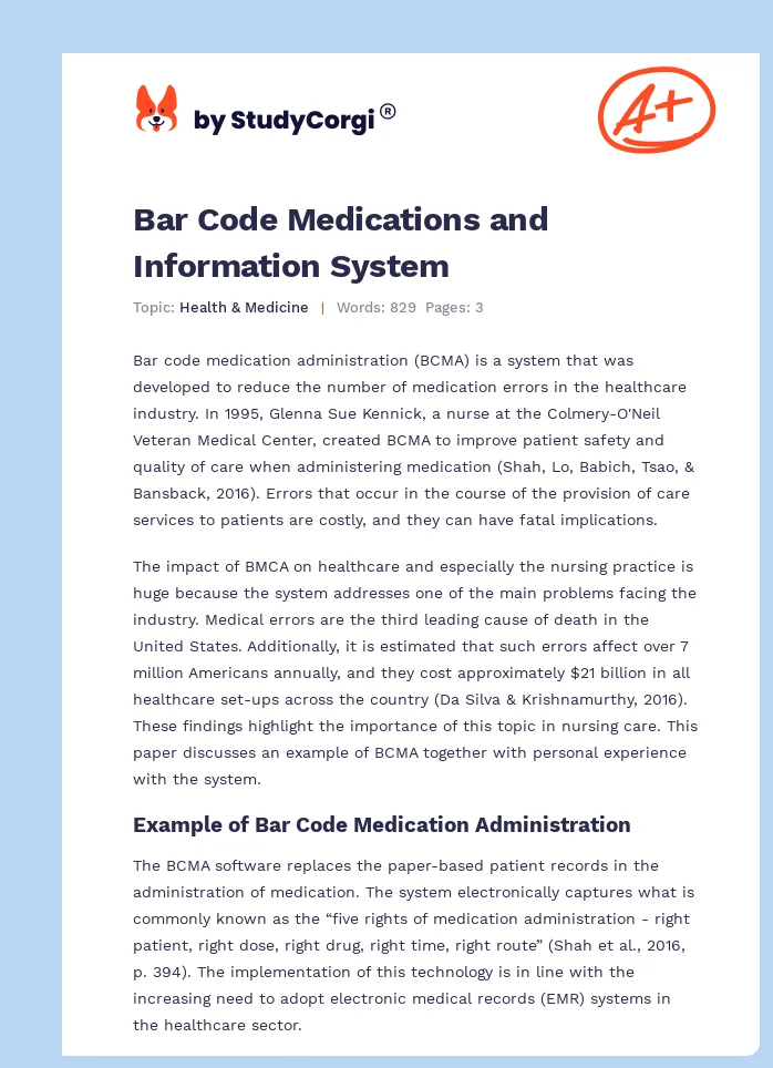Bar Code Medications and Information System. Page 1