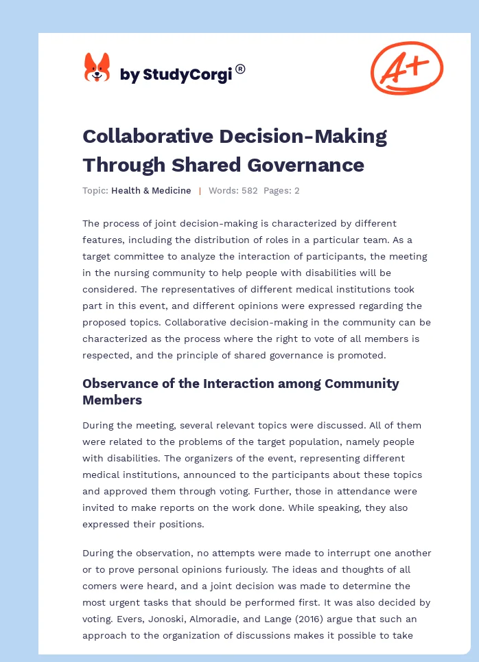 Collaborative Decision-Making Through Shared Governance. Page 1