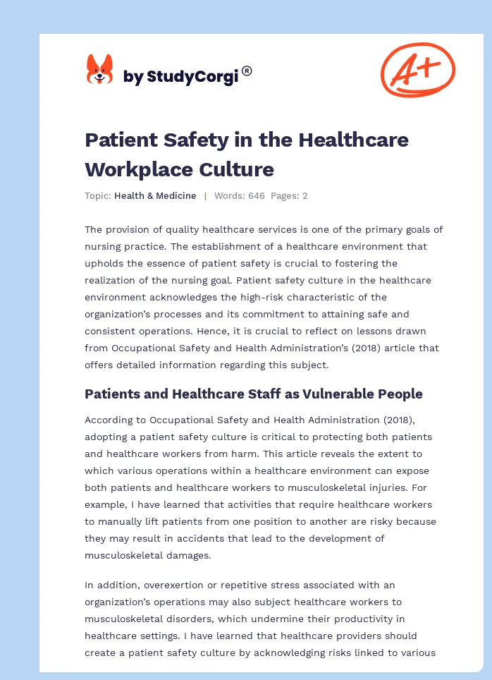 Patient Safety in the Healthcare Workplace Culture. Page 1