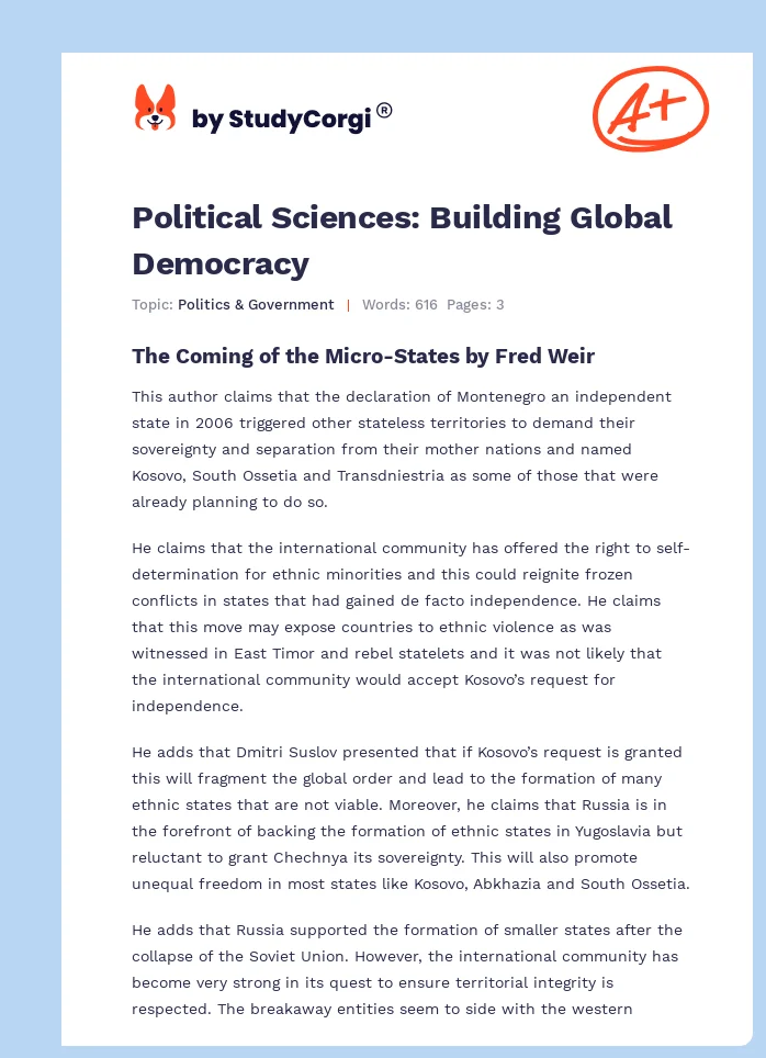 Political Sciences: Building Global Democracy. Page 1