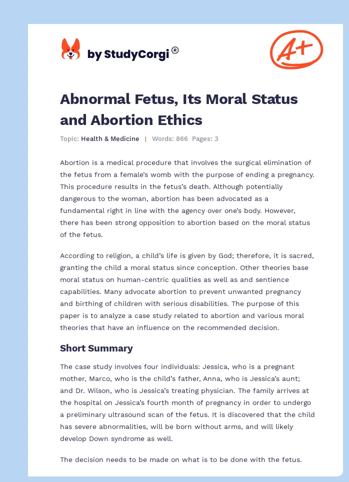 Abnormal Fetus, Its Moral Status and Abortion Ethics. Page 1