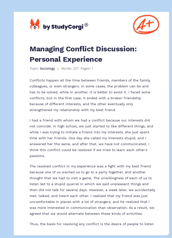 Managing Conflict Discussion: Personal Experience. Page 1