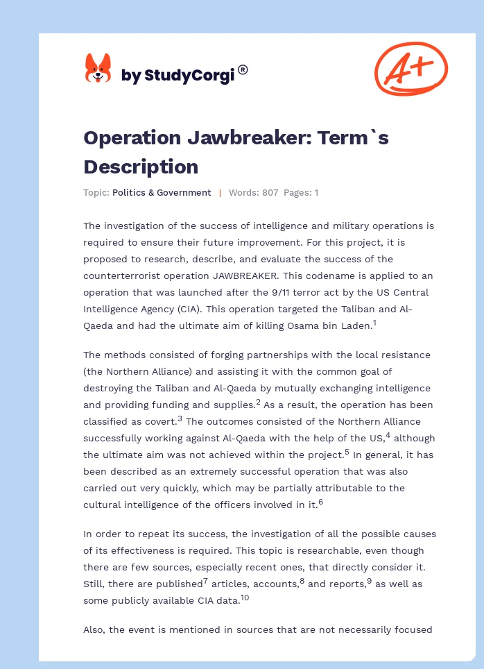 Operation Jawbreaker: Term`s Description. Page 1