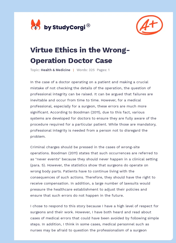 Virtue Ethics in the Wrong-Operation Doctor Case. Page 1