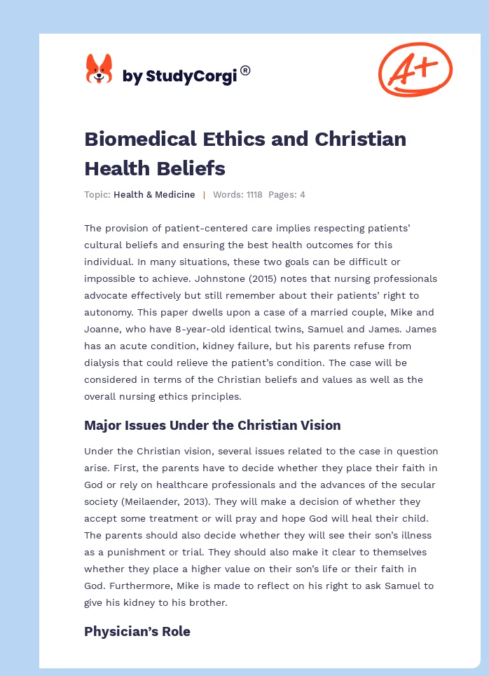Biomedical Ethics and Christian Health Beliefs. Page 1