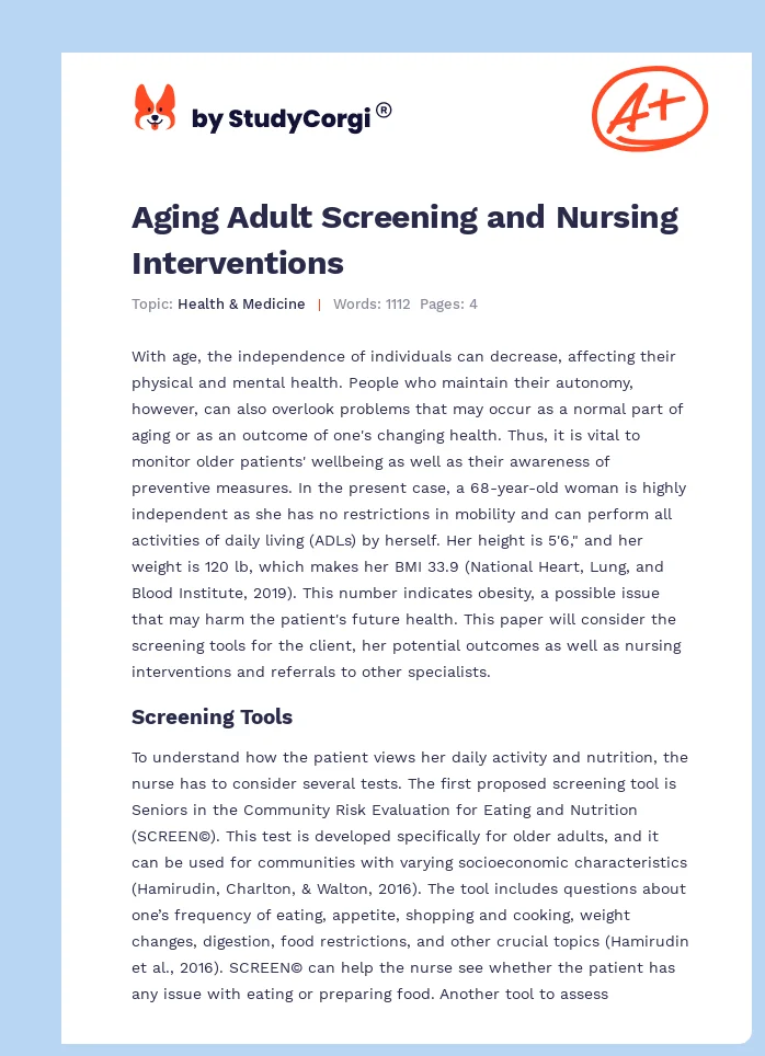 Aging Adult Screening and Nursing Interventions. Page 1