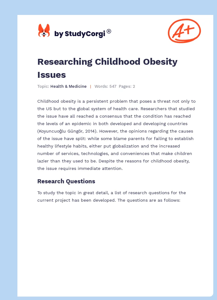 Researching Childhood Obesity Issues. Page 1