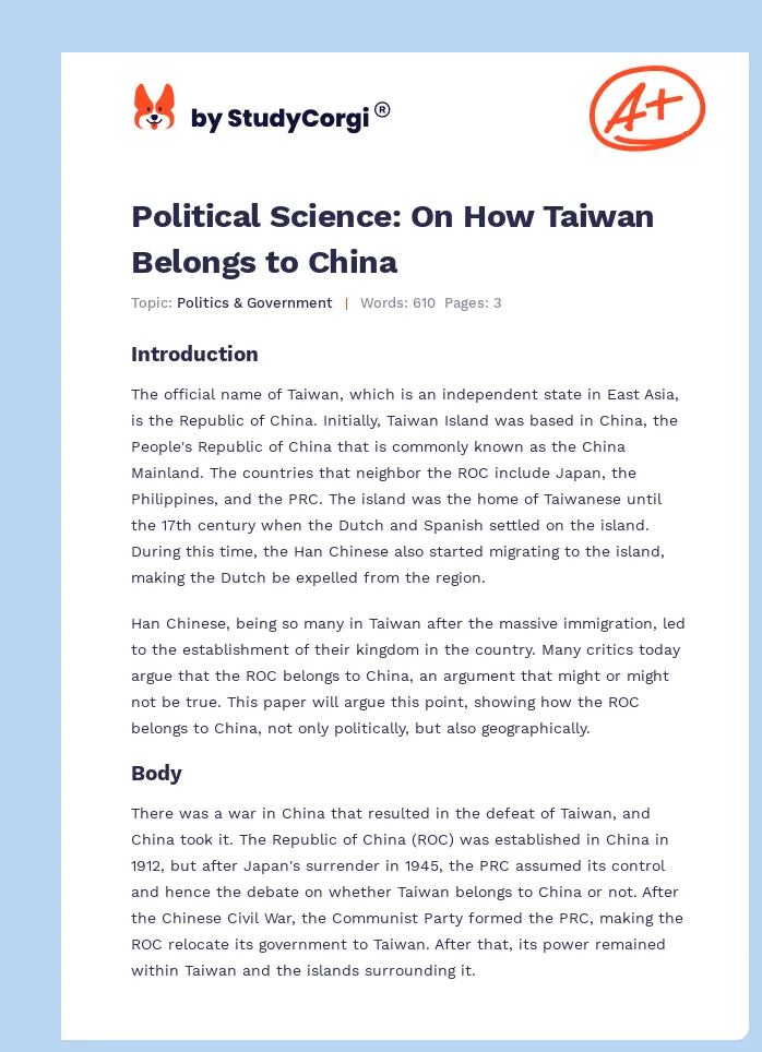 Political Science: On How Taiwan Belongs to China. Page 1