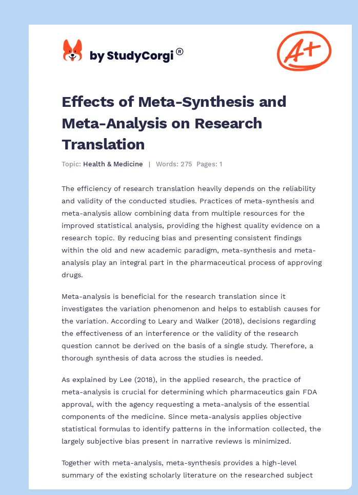 Effects of Meta-Synthesis and Meta-Analysis on Research Translation. Page 1