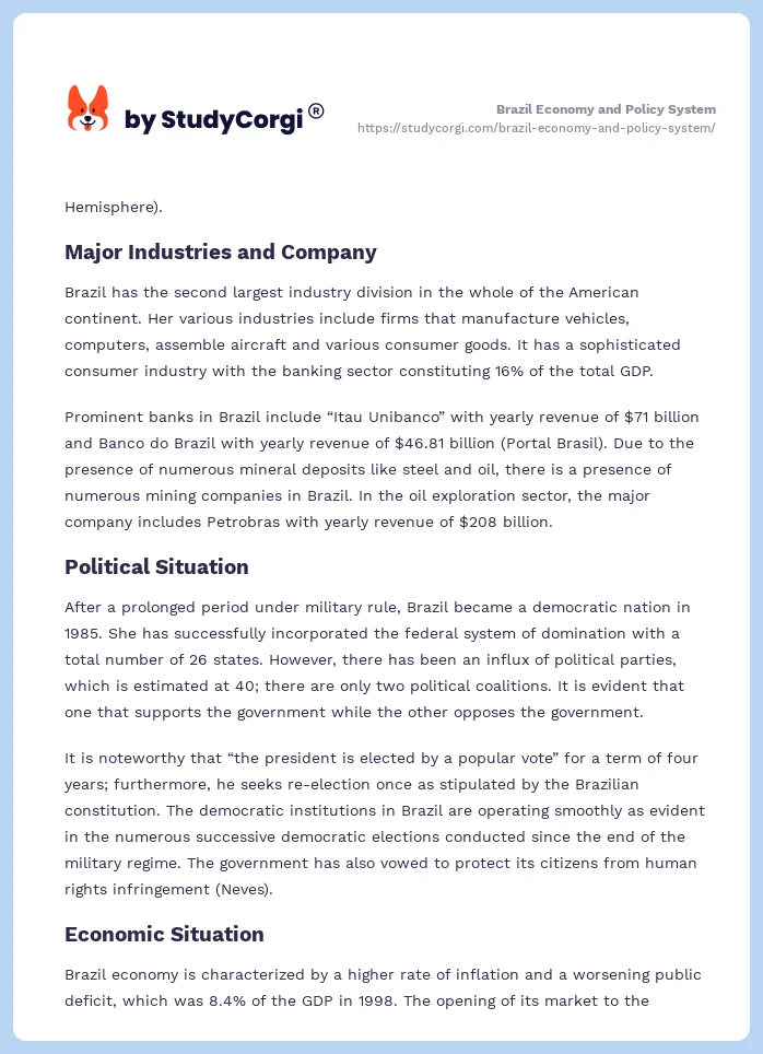 Brazil Economy and Policy System. Page 2