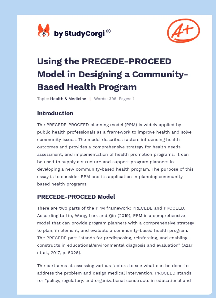 Using the PRECEDE-PROCEED Model in Designing a Community-Based Health Program. Page 1