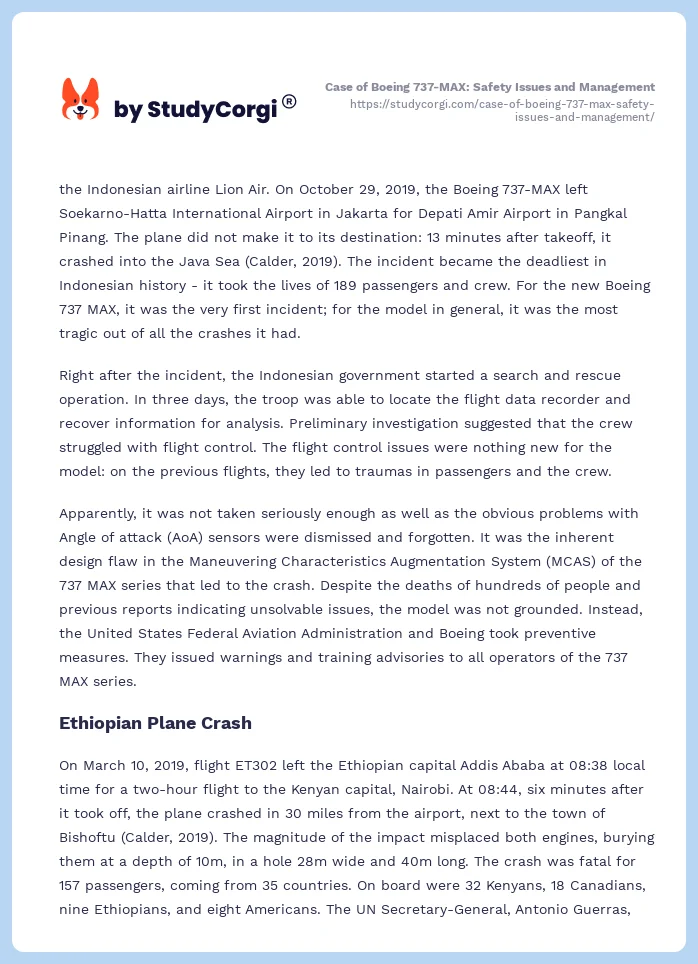 Case of Boeing 737-MAX: Safety Issues and Management. Page 2
