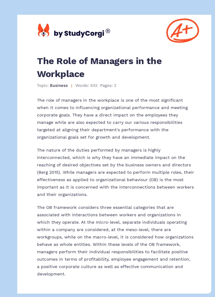 The Role of Managers in the Workplace. Page 1