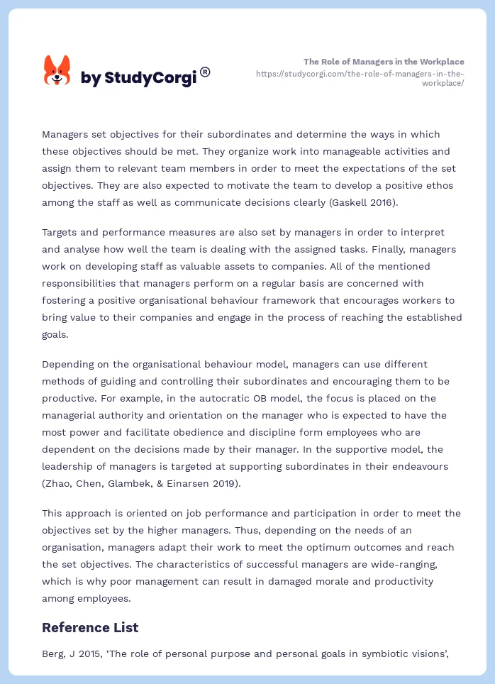 The Role of Managers in the Workplace. Page 2