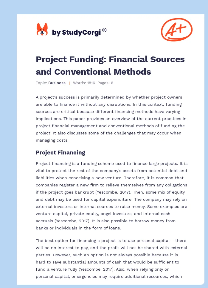 Project Funding: Financial Sources and Conventional Methods. Page 1