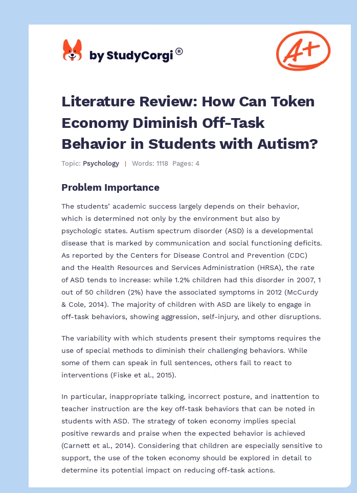 Reducing Off-Task Behaviors Using a Token Economy System in Children With  Autism - 1072 Words