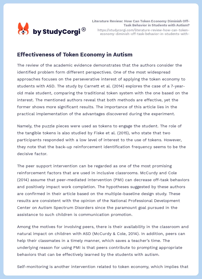 Reducing Off-Task Behaviors Using a Token Economy System in Children With  Autism - 1072 Words